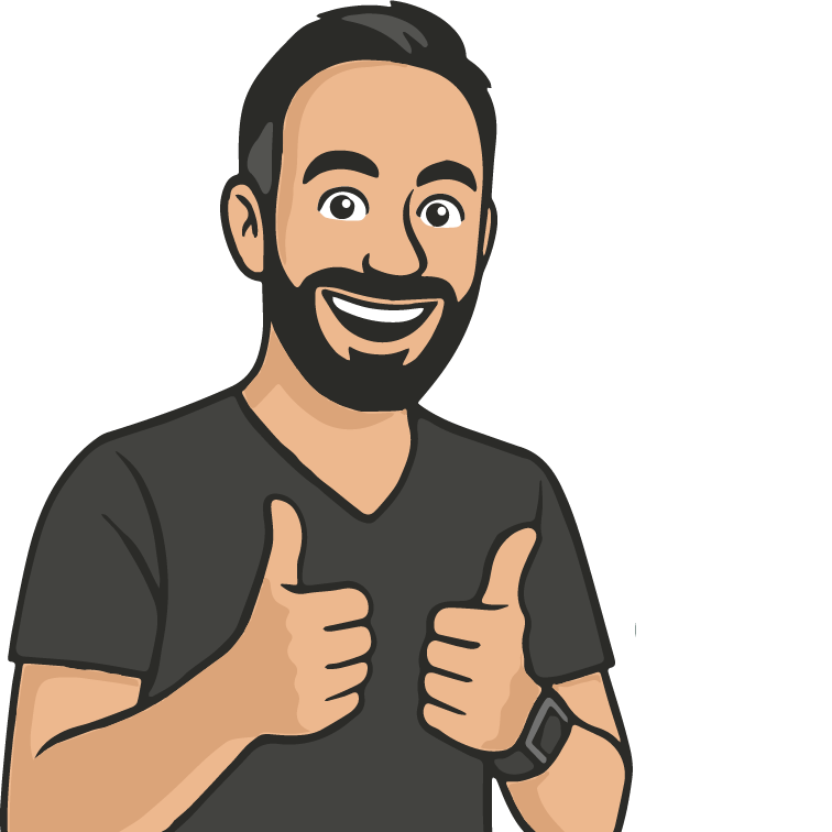 Cartoon image of Geoff in a black tee holdingtwo thumbs up with a big smile