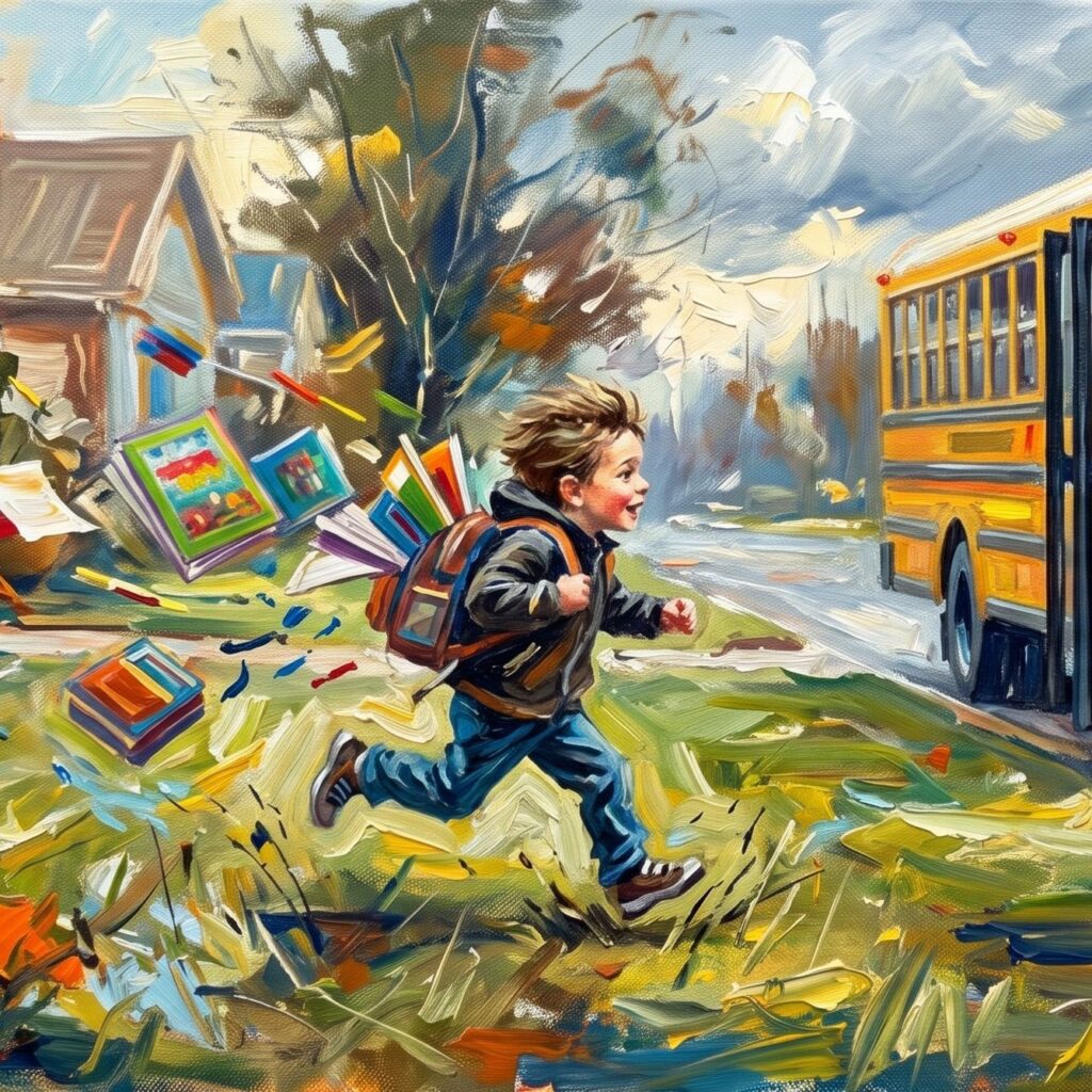 little boy running to a school bus with books flying out of his bag