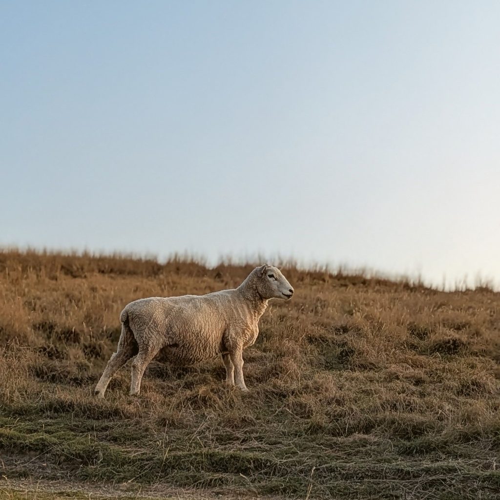 sheep standing on a yellow grassy hill in the fading sunlight
